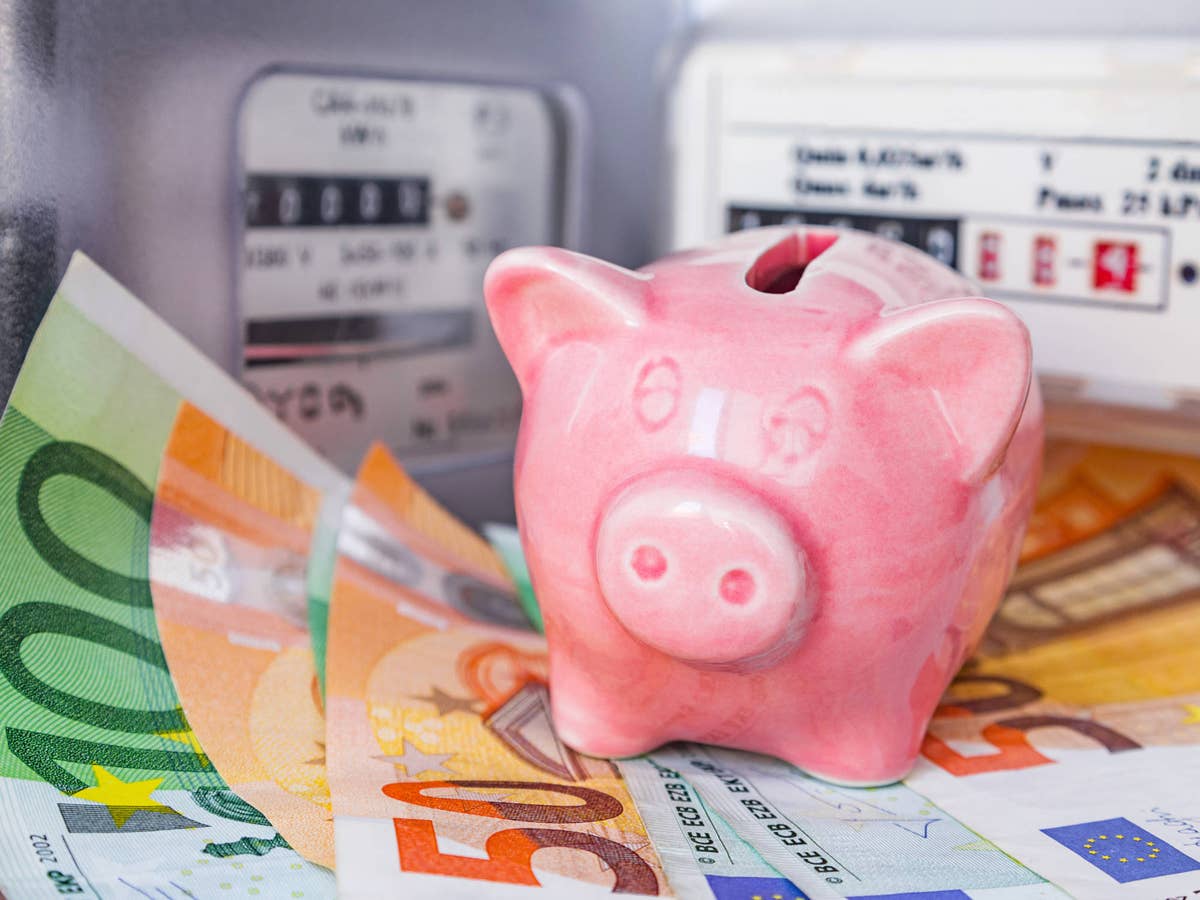 Sparschwein steht auf Euro-Geldscheinen vor Strom- und Gaszähler.