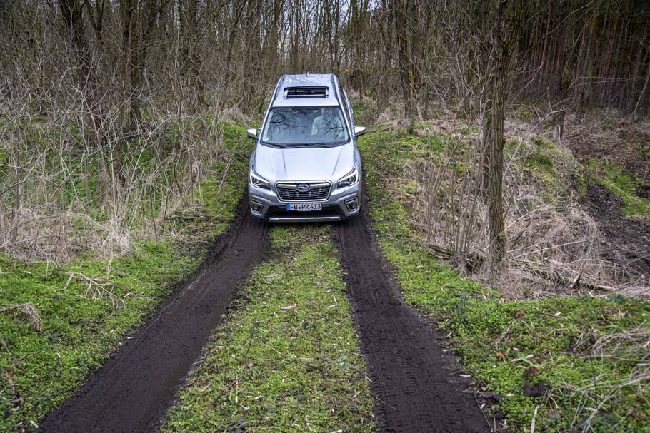 Hindernisse im Gelände zu überwinden, ist mit dem neuen Subaru Forester kein Problem. Abfahrt mit dem Subaru Forester 2.0ie