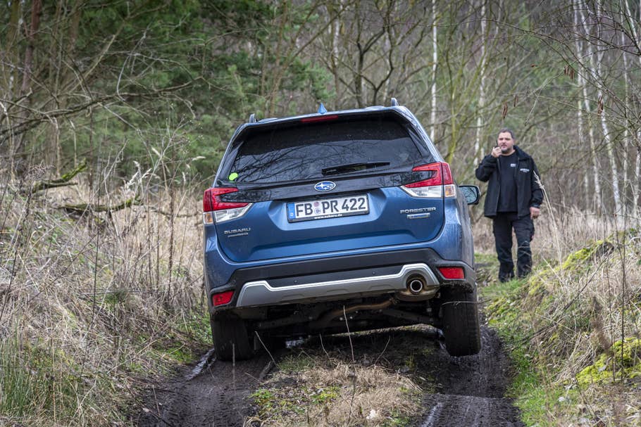 Langsam fahren! Auf manchen Wegen lieber zu zweit prüfen, ob eine Weiterfahrt möglich ist. Waldfahrt mit dem Subaru Forester 2.0ie