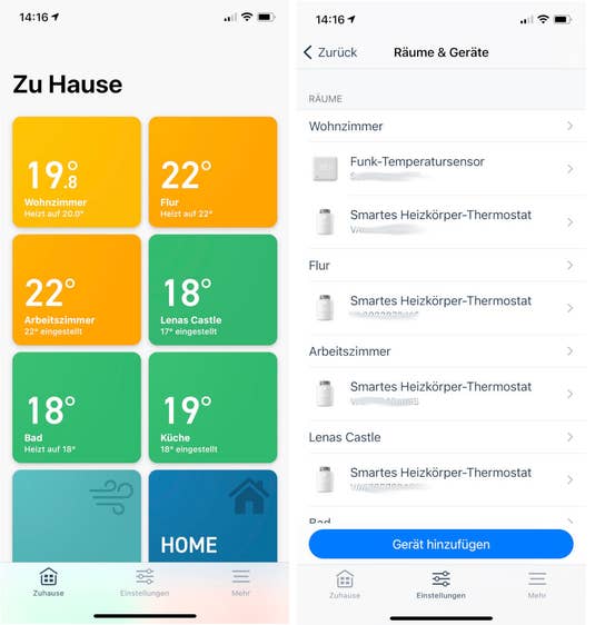 tado App mit eingebundenem Funk-Temperatursensor