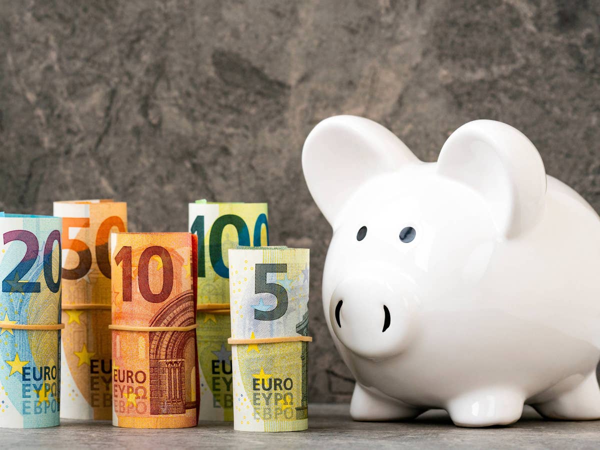 Sparschwein steht neben Euro-Geldnoten.