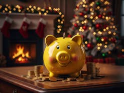 Sparschwein in einem weihnachtlichen Wohnzimmer.