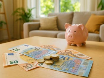Geld auf einem Schreibtisch mit einem Sparschwein als Symbolbild für eine Tagesgeld-Aktion.