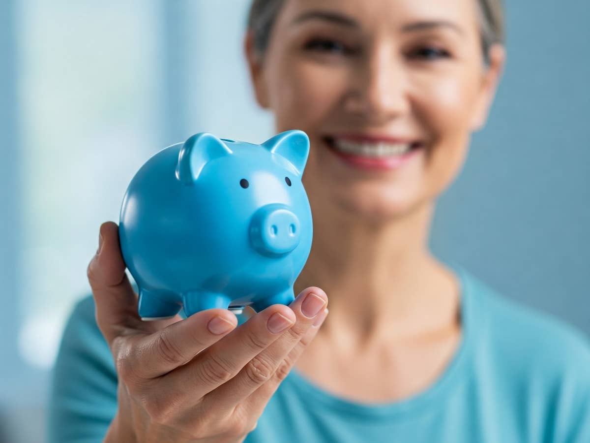 Blaues Sparschwein in der Hand einer Frau als Symbolbild für Tagesgeld bei der DKB.