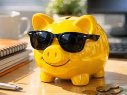 Gelbes Sparschwein mit Sonnenbrille.