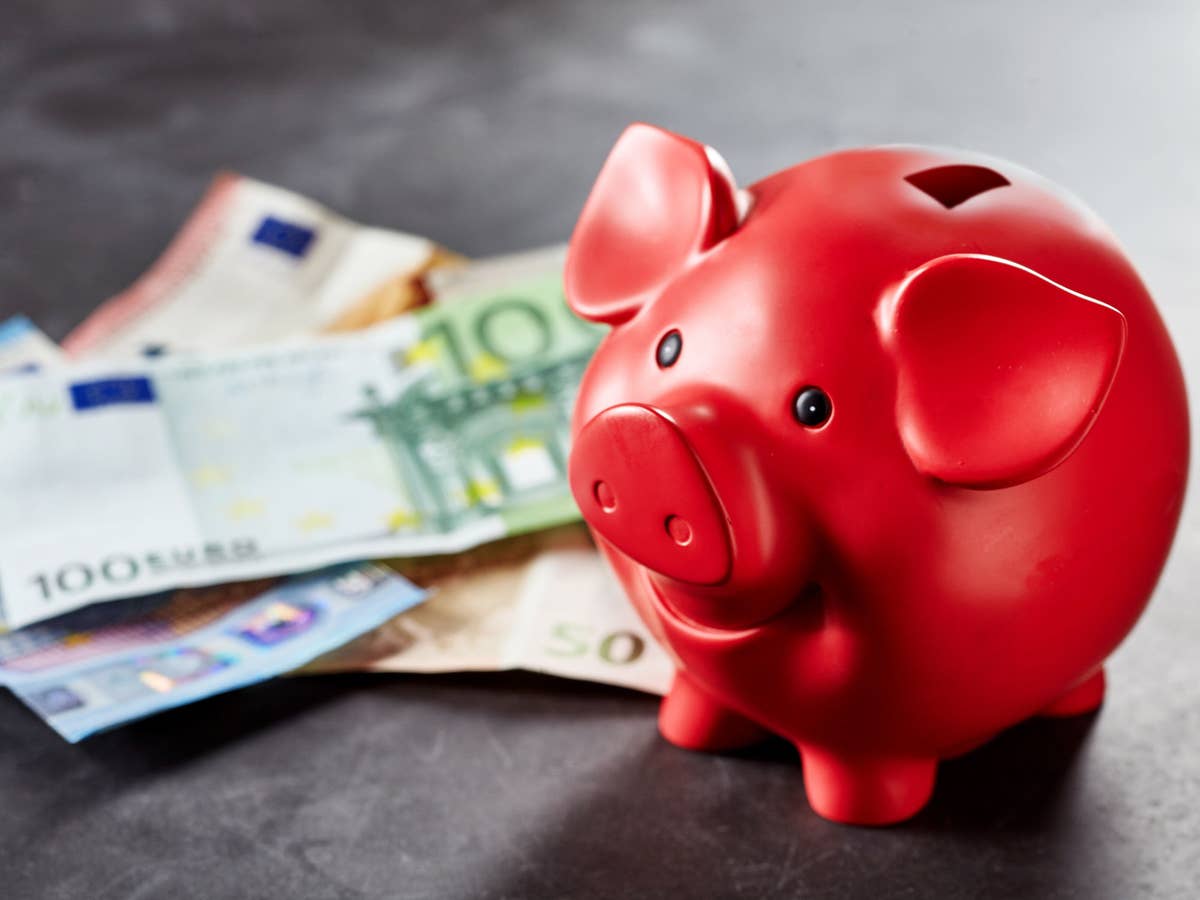 Rotes Sparschwein steht neben Euro-Banknoten.