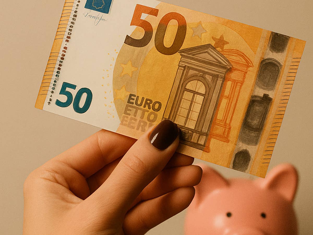 50-Euro-Geldschein in der Hand einer Frau vor einem Sparschwein als Symbolbild für ein neues Tagesgeld-Angebot der comdirect.