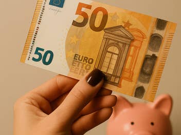 50-Euro-Geldschein in der Hand einer Frau vor einem Sparschwein als Symbolbild für ein neues Tagesgeld-Angebot der comdirect.