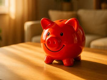 Rotes Sparschwein im Sonnenlicht auf einem Schreibtisch als Symbolbild für gutes Tagesgeld-Angebot.