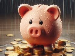 Sparschwein steht im Regen auf Goldmünzen.