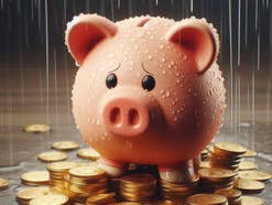 Sparschwein steht im Regen auf Goldmünzen.
