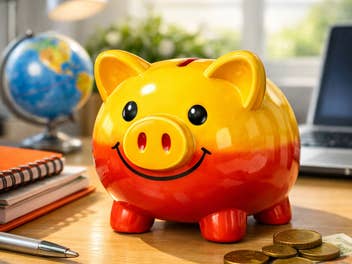 Gelb-Rotes Sparschwein auf einem Schreibtisch.