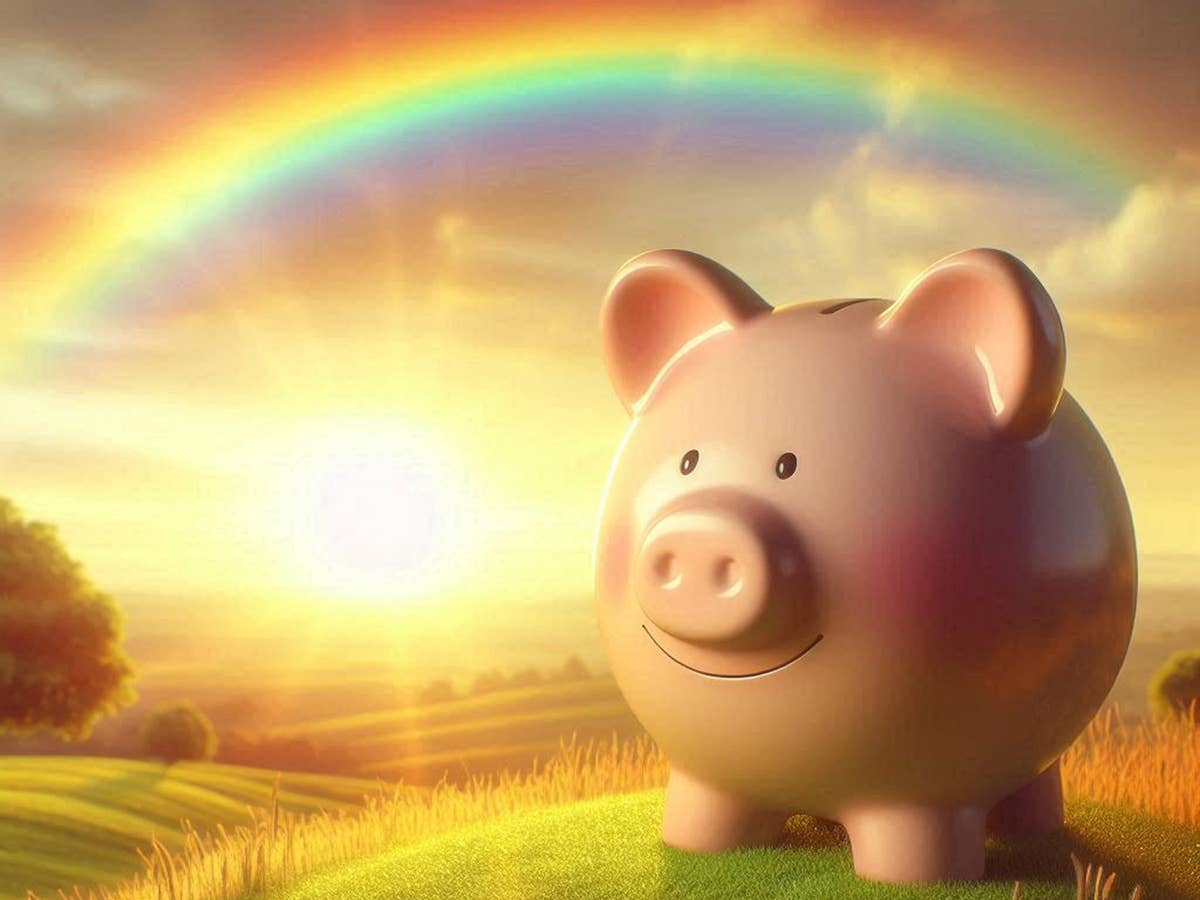 Tagesgeld: Jubiläumsangebot mit Top-Zinsen gestartet Sparschwein steht vor einem Regenbogen.