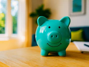 Sparschwein in einem Wohnzimmer.