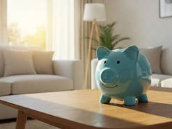 Sparschwein auf einem Schreibtisch im Sonnenschein auf einem Schreibtisch als Symbolbild für ein gutes Tagesgeld-Angebot.