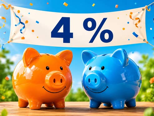 Sparschweine unter einem 4-Prozent-Banner.