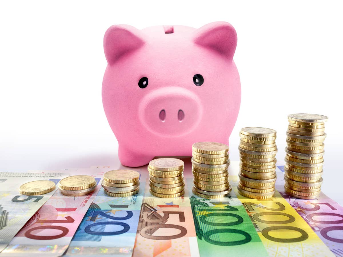 Sparschwein steht vor Münzen und Euro-Banknoten.