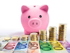 Sparschwein steht vor Münzen und Euro-Banknoten.