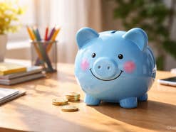Blaues Sparschwein auf einem Schreibtisch.