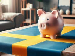 Sparschwein steht in einem Wohnzimmer auf einer Schweden-Flagge.
