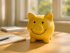 Gelbes Sparschwein auf einem Schreibtisch als Symbolbild für Tagesgeld-Angebot.