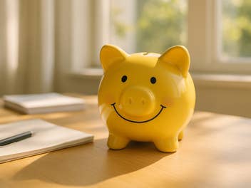 Gelbes Sparschwein auf einem Schreibtisch als Symbolbild für Tagesgeld-Angebot.