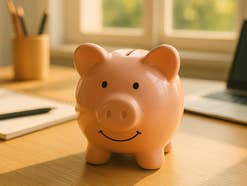 Sparschwein auf einem Schreibtisch als Symbolbild für Tagesgeld.