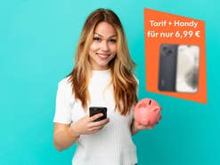 Frau mit Smartphone und Sparschwein in den Händen. Daneben der Verweis auf ein Angebot. Tarif mit Handy für nur 6,99 Euro