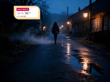 taschenalarm-amazon-begrenztes-angebot Frau läuft nachts auf einer Straße. In der oberen linken Ecke ist ein Amazoin-Angebot eingeblendet.
