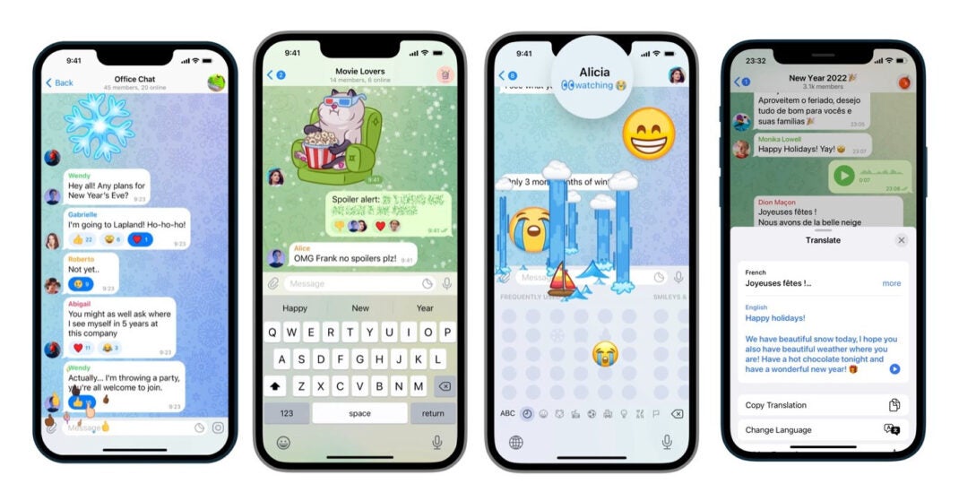 Vier der fünf neuen Funktionen für Telegram v.l.n.r.: Reaktionen, Spoiler, animierte Emojis, Übersetzung von Texten