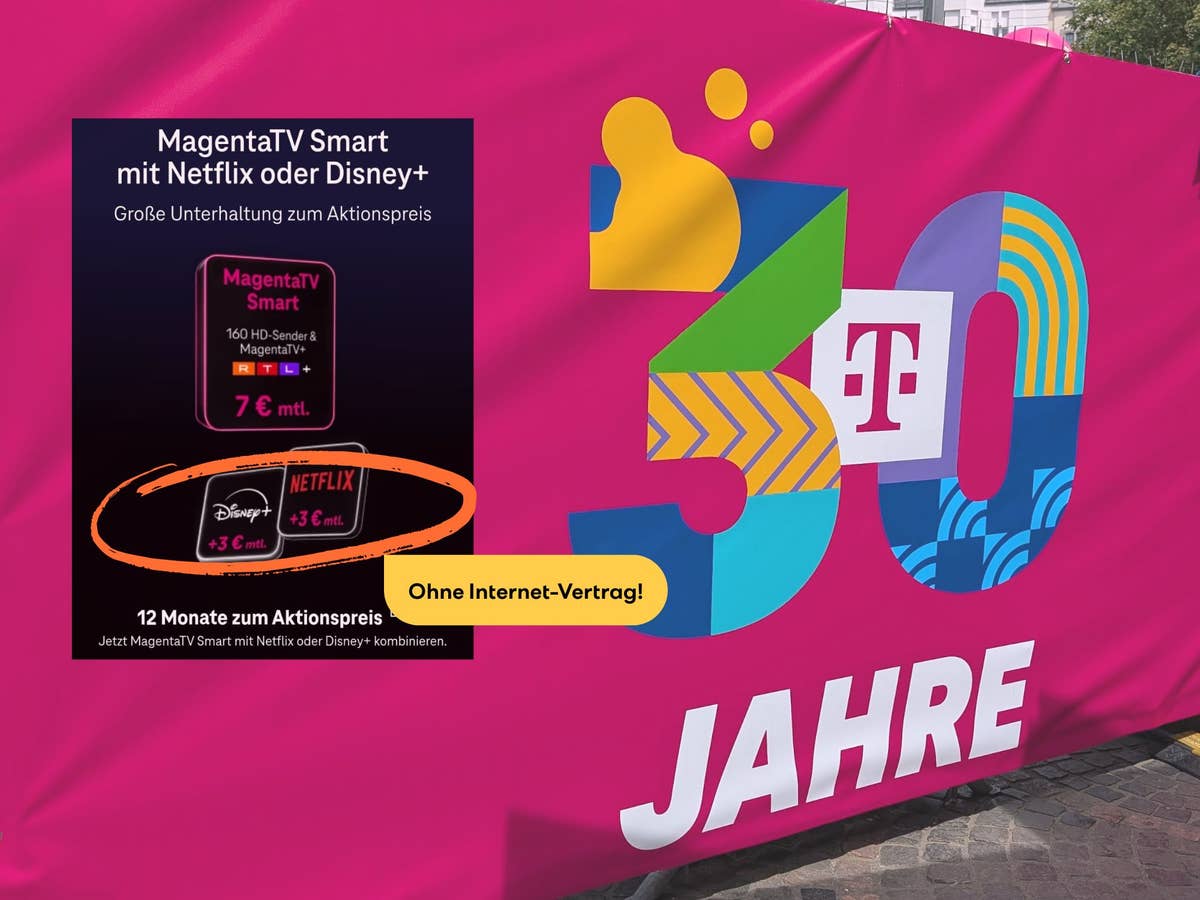 Hinweis auf ein Telekom-Angebot vor einer Wand mit der Aufschrift 