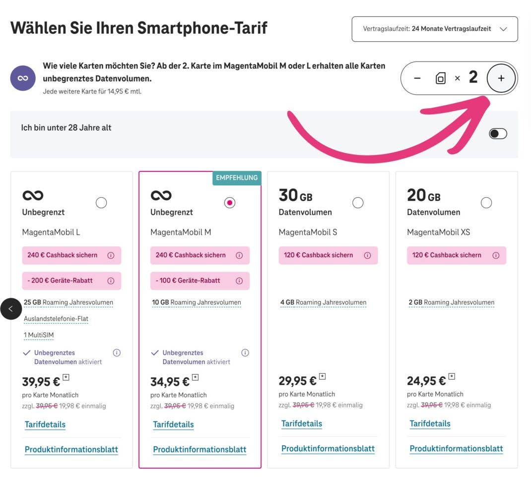 Screenshot der Mobilfunkangebote der Deutschen Telekom mit einem Pfeil auf die PlusKarten-Option