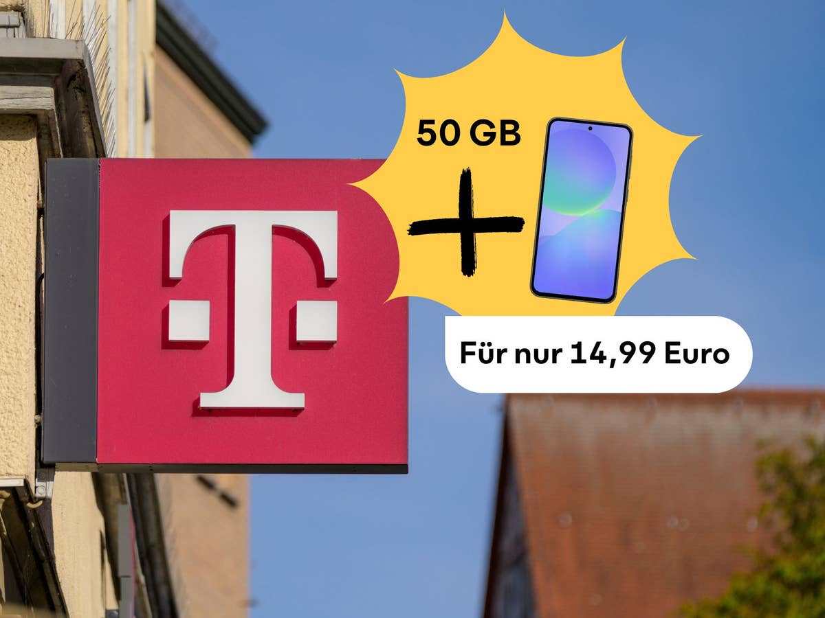 Telekom-Schild im Hintergrund, daneben das Samsung Galaxy A36 sowie der Hinweis, dass dieses Tarif-Bundle 14,99 Euro kostet.