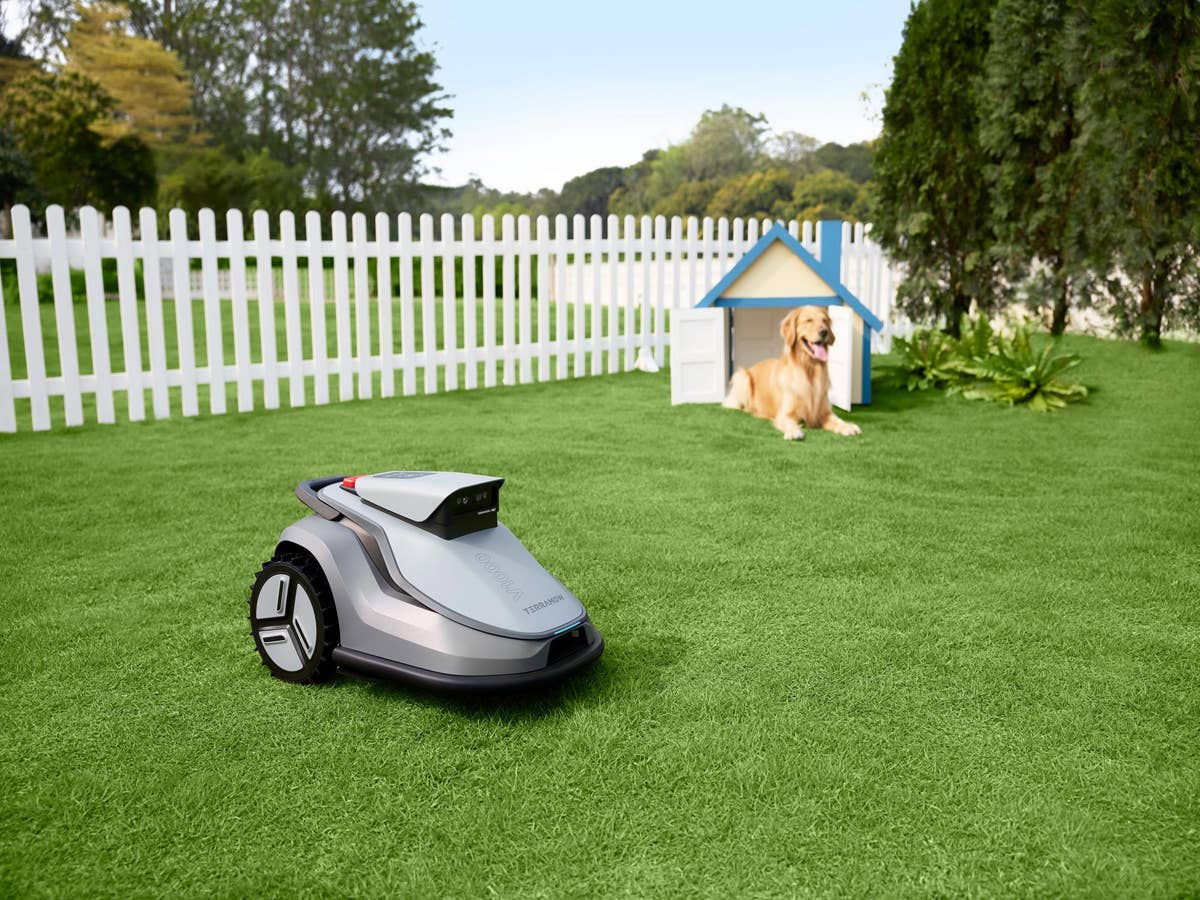 TerraMow V-Series Mähroboter in einem Garten mit einem Hund im Hintergrund.