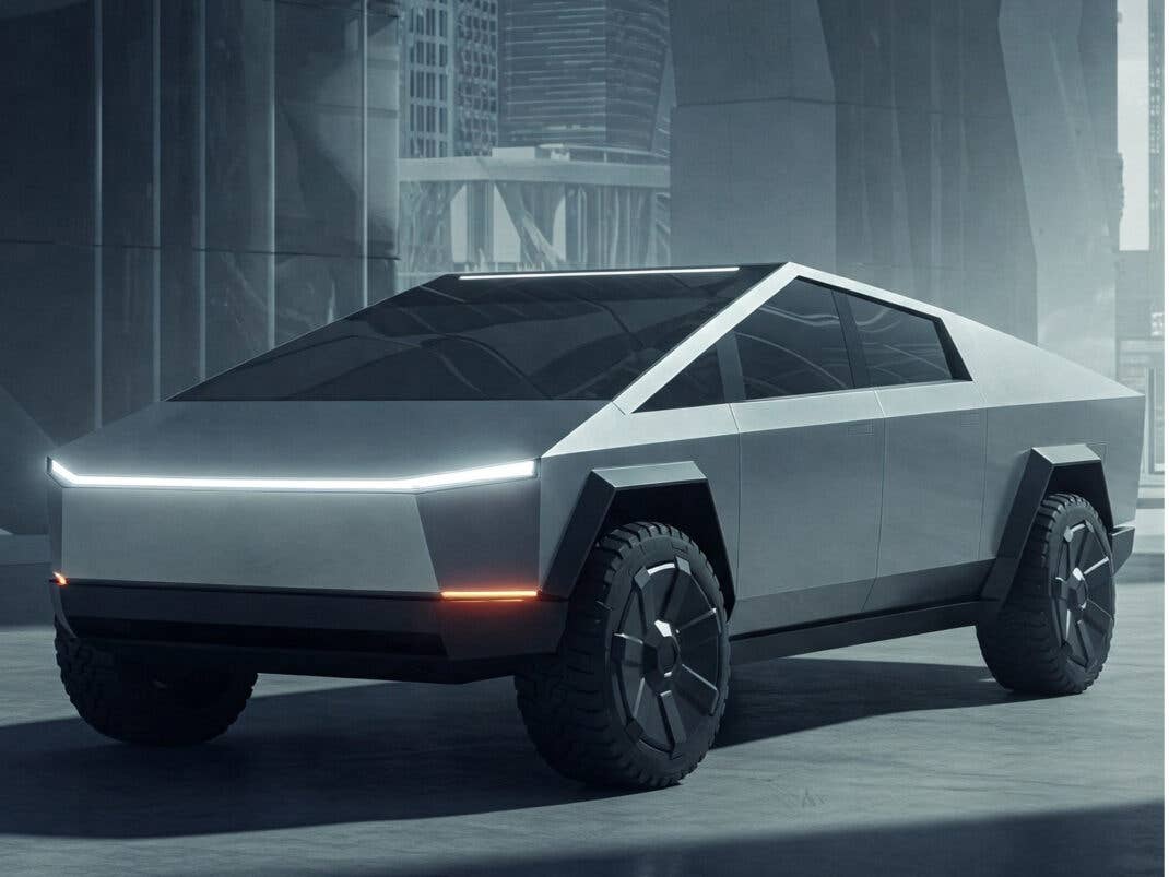 Tesla Cybertruck in der seitlichen Frontansicht.