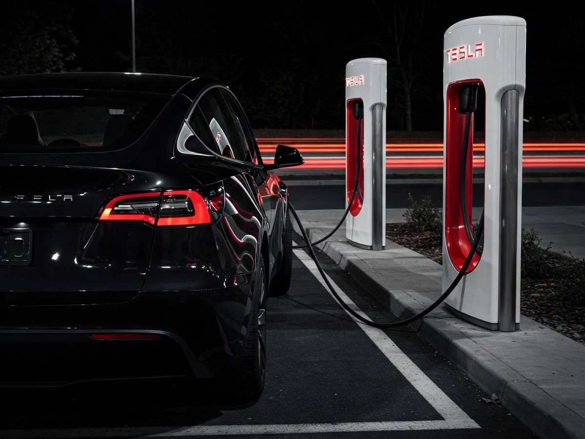 Ein schwarzes E-Auto von Tesla steht an einem Supercharger.