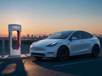 Tesla Model Y steht an einer Ladesäule in der Dämmerung.