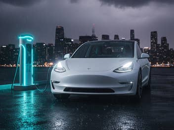 Tesla Model 3 parkt an einer Ladesäule im Regen.