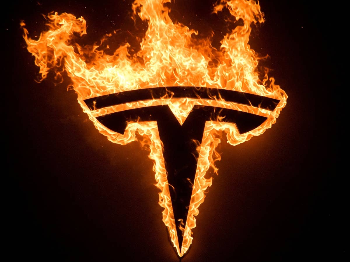 Brennendes Tesla-Logo vor schwarzem Hintergrund.