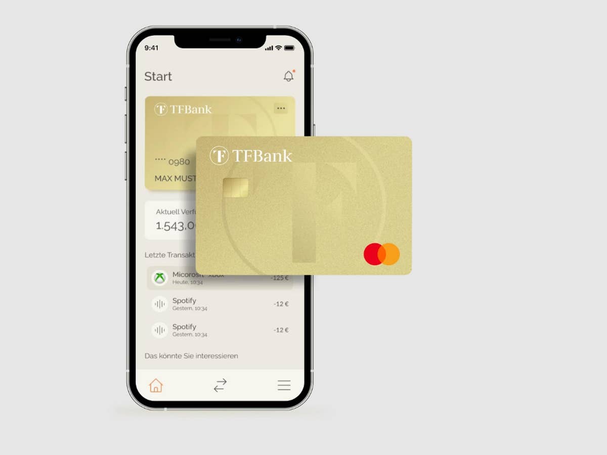 Die Mastercard Gold der TF Bank (Design 2022) mit der Handy-App