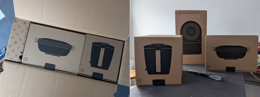 Links: Thermomix-Karton verpackt; rechts:: Einzelne Kartons mit den Bestandteilen des Thermomix