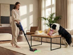 eine Frau saugt ihr Wohnzimmer während ein Hund Trockenfutter vom Couchtisch auf den Boden verstreut