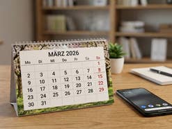 Tischkalender mit März 2026 aufgeklappt, daneben ein Smartphone