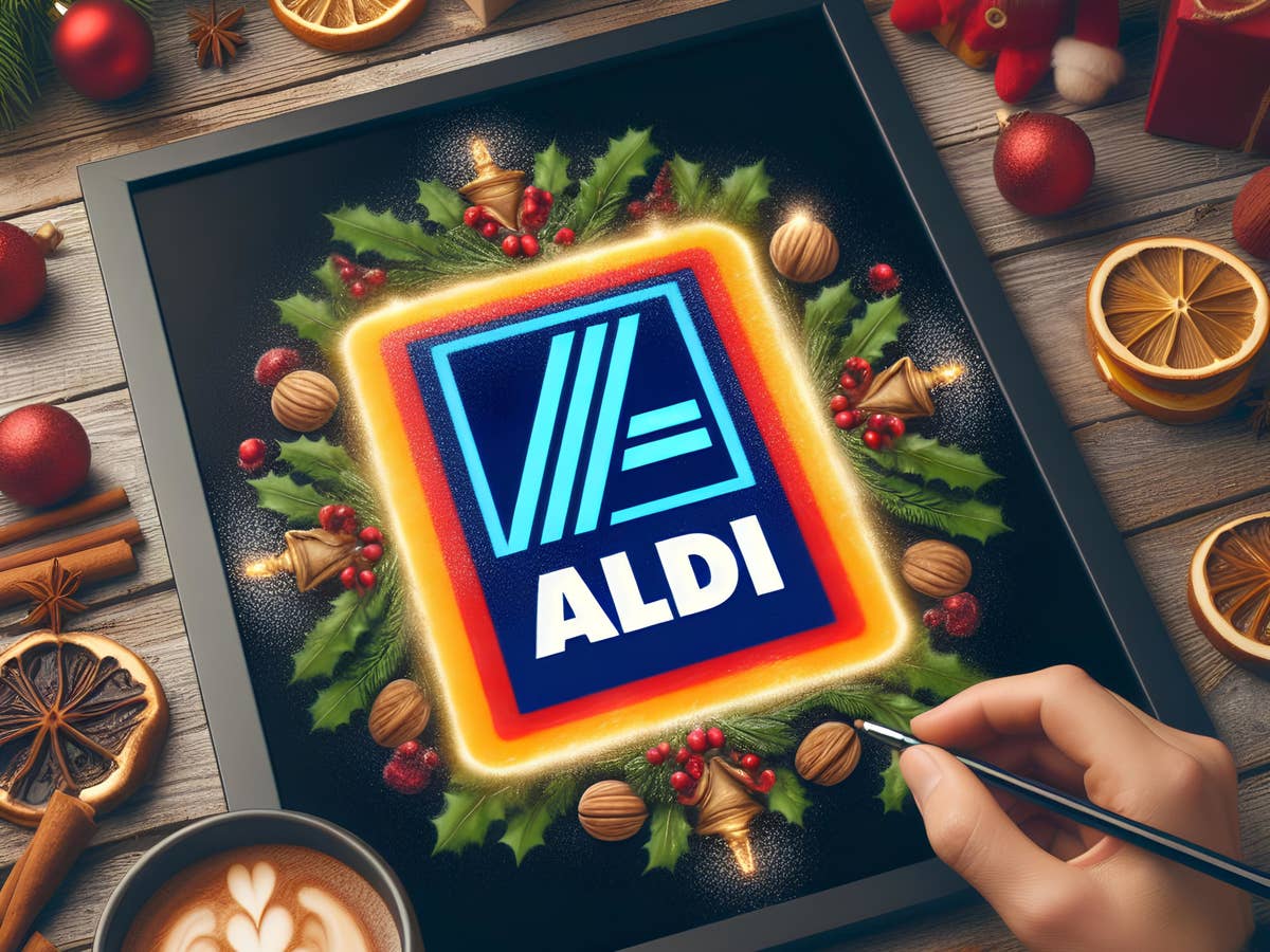Aldi-Logo auf einem Tablet vor weihnachtlichem Hintergrund.