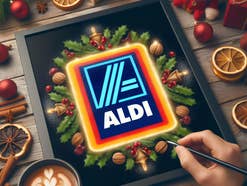 Aldi-Logo auf einem Tablet vor weihnachtlichem Hintergrund.