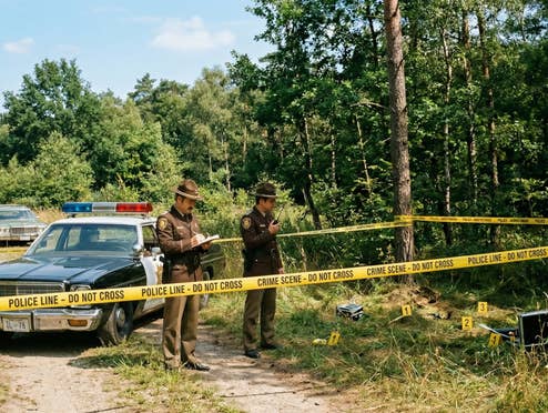 Eine Polizei-Absperrung in einem Waldstück.