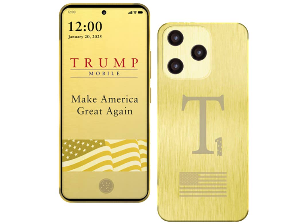 Ein goldenes Smartphone, das 'TRUMP MOBILE' und 'Make America Great Again' auf dem Bildschirm anzeigt.