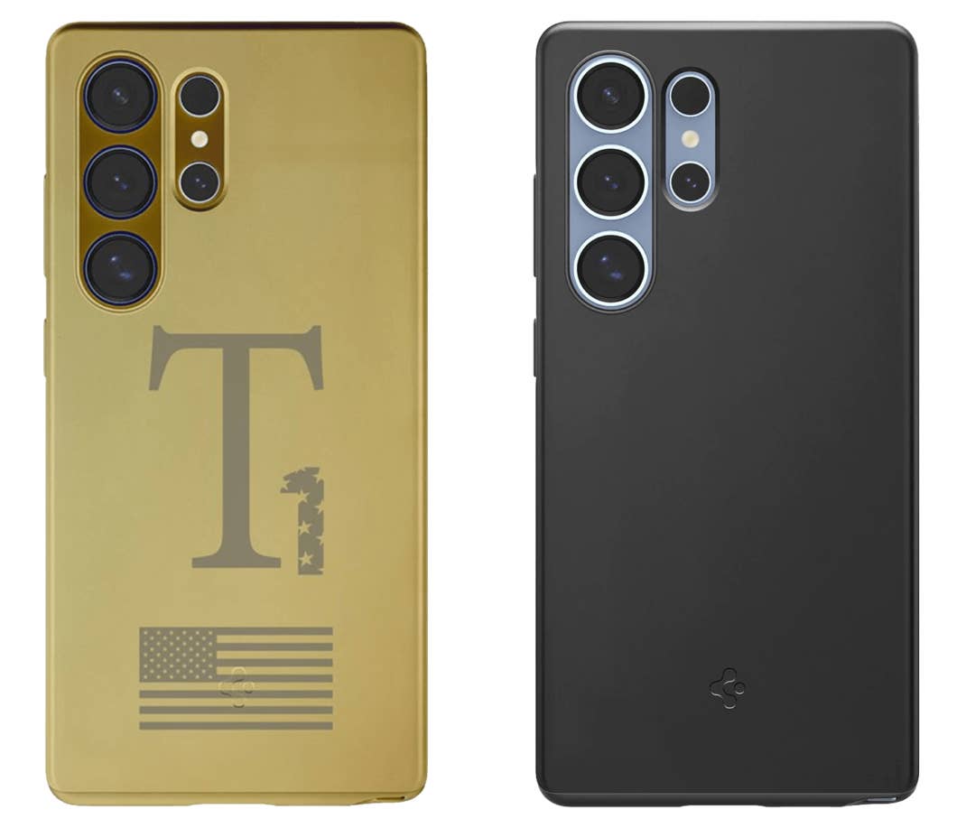 Zwei Handyhüllen nebeneinander: eine goldene mit dem Buchstaben 'T' und einer amerikanischen Flagge, die andere schwarz und schlank.