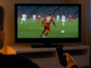Ein TV mit Fußball und einer Fernbedienung