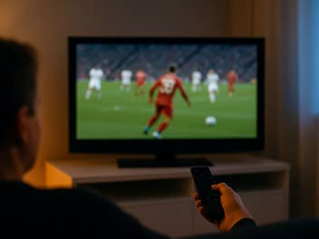 Ein TV-Gerät in einem Wohnzimmer auf dem Fußball läuft